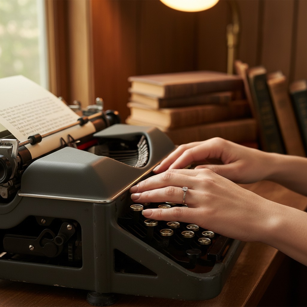 A person's hands wearing a diamond ring are typing on a vintage grey typewriter on a wooden desk.